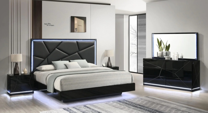 Bedroom Set Gloss Black Finish LED Lighting Chrome Accents Modern