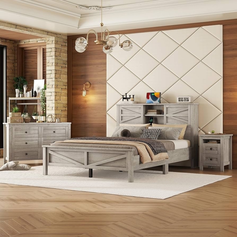 Bedroom Set Gray Sliding Door Headboard X Brace Panels