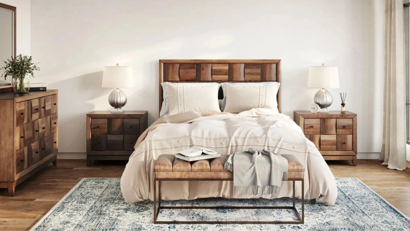 Bedroom Set Gray Washed Wood Toned Platform Bed Upholstered Headboard