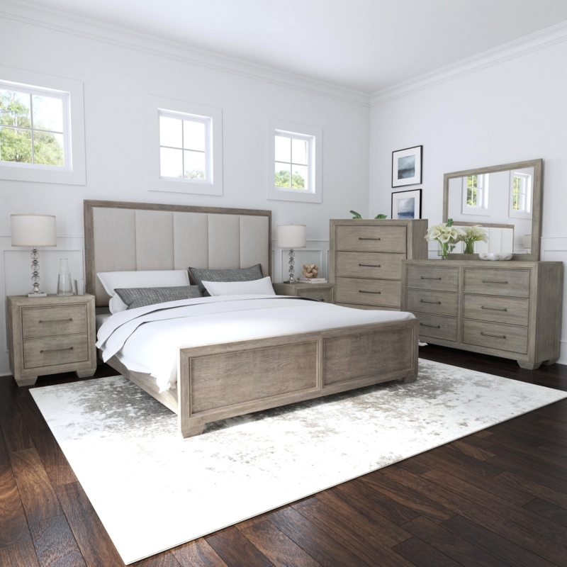 Bedroom Set Gray Wood Finish Upholstered Panel Headboard Contemporary