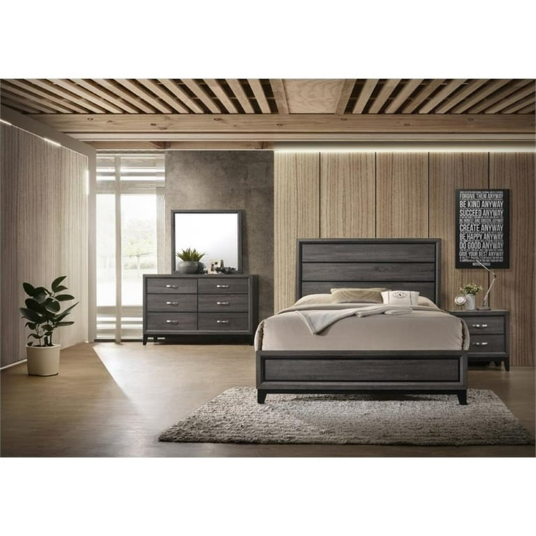 Bedroom Set Gray Wood Toned Contemporary Honeycomb Textured Panels