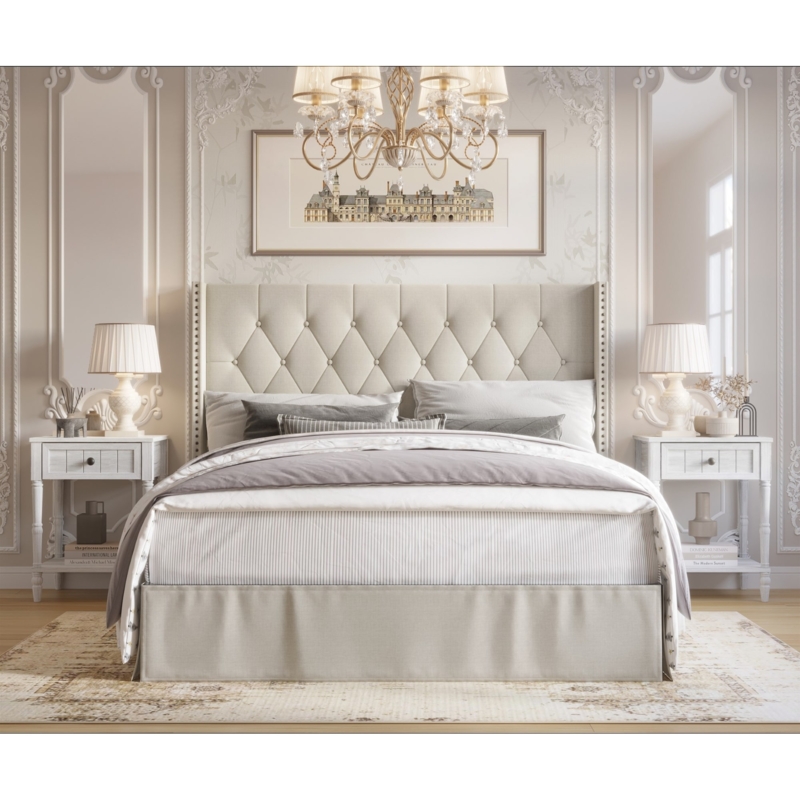 Bedroom Set Grey Upholstered Channel Tufted Headboard Wood Nightstands