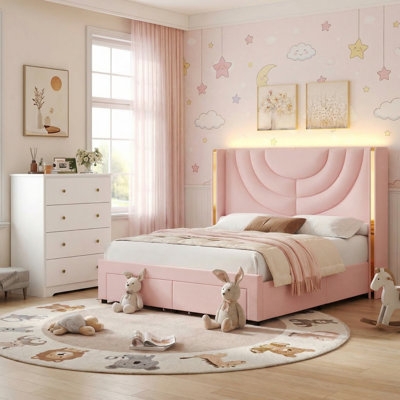Bedroom Set: Grey Upholstered Storage Bed with LED Headboard Lighting