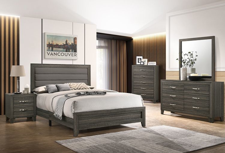 Bedroom Set Horizontal Slat Headboard Textured Charcoal Wood