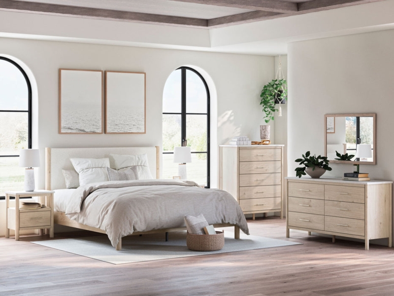 Bedroom Set in Coastal Farmhouse Style with Wood Toned Panel Headboard