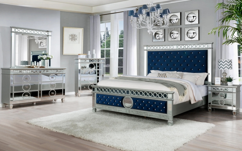 Bedroom Set in Navy Blue Velvet with Mirrored Border Trim