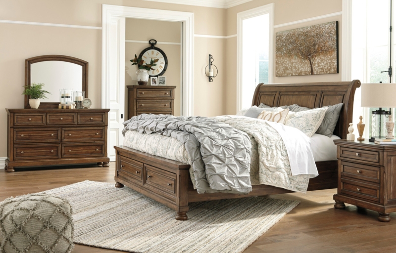 Bedroom Set Light Brown Storage Footboard Recessed Panel Headboard