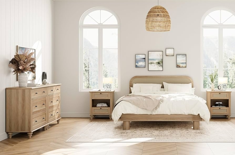 Bedroom Set Light Oak Finish Integrated Charging Station Farmhouse