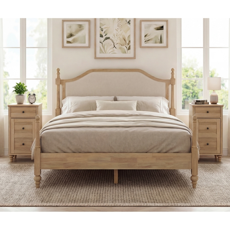 Bedroom Set: Light Oak Platform Bed with Vertical Slatted Headboard