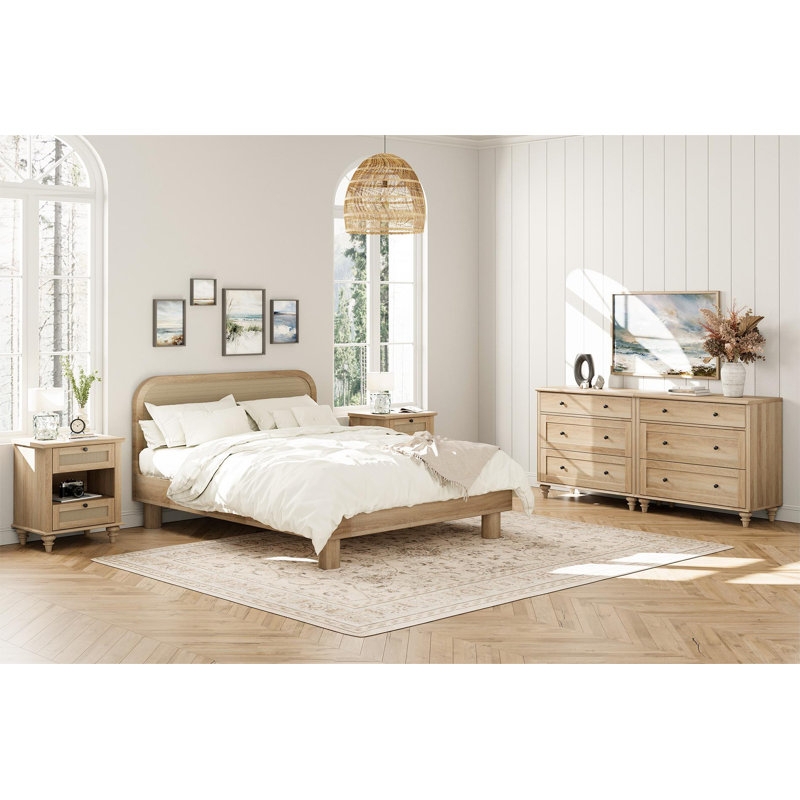 Bedroom Set: Light Oak with Rattan Cane, Scandinavian Style Bedroom Storage