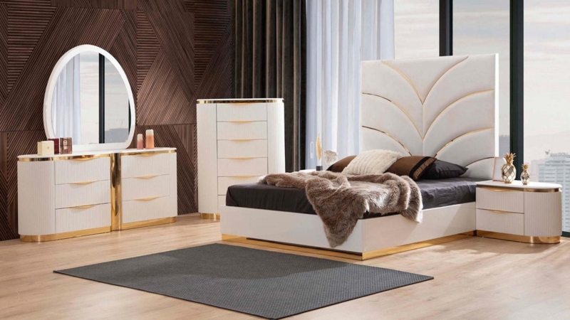 Bedroom Set: Luxury White and Gold Channel Tufted Headboard Suite