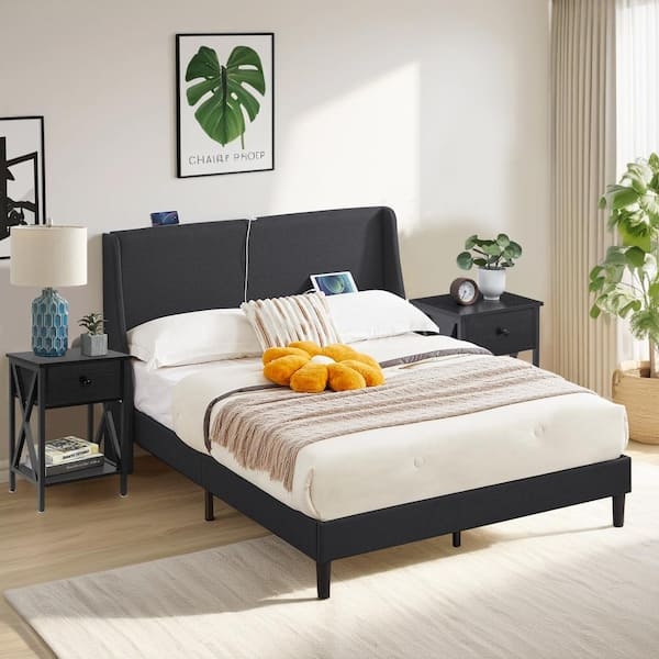 Bedroom Set Matte Black Upholstered Ribbed Headboard Gold Accent Hardware