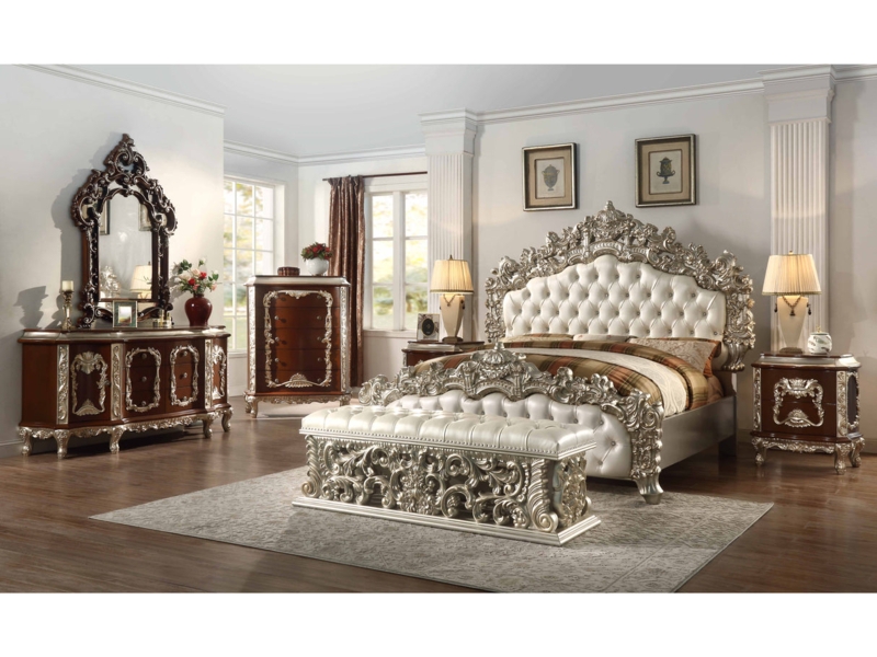 Bedroom Set Metallic Scrollwork Arched Tufted Headboard Traditional Glam