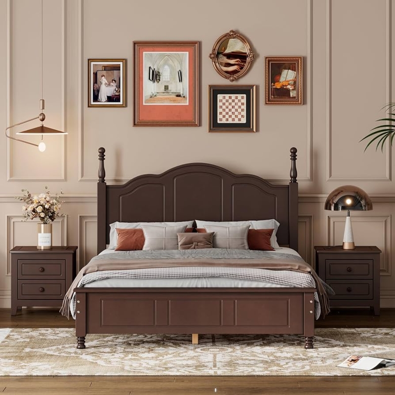 Bedroom Set Mid-Century Modern Integrated Shelf Headboard Walnut Tone