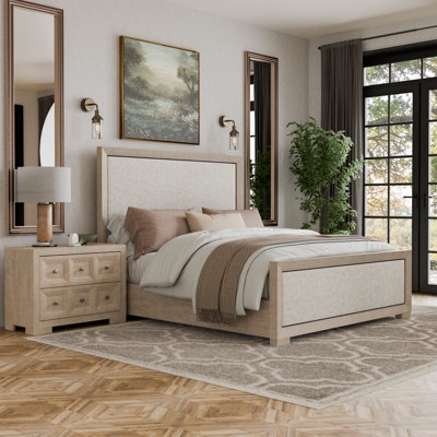 Bedroom Set: Mid-Century Modern Wood Platform Bed with Matching Nightstand