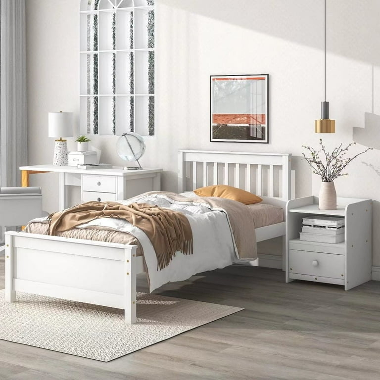 Bedroom Set: Minimalist White Wood Twin Bed with Slatted Footboard