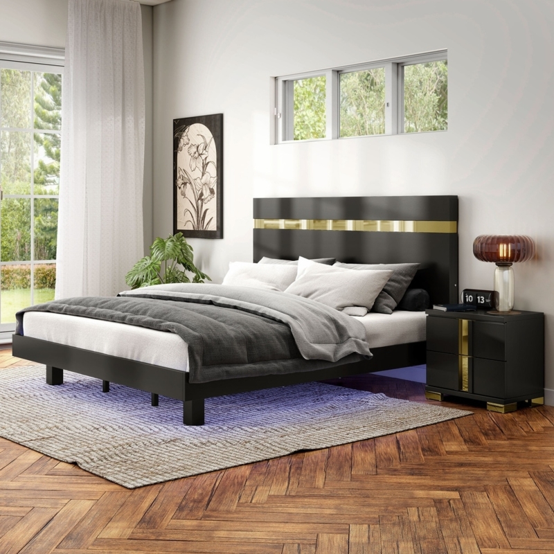 Bedroom Set: Modern Black Platform Bed with Underbed LED Lighting