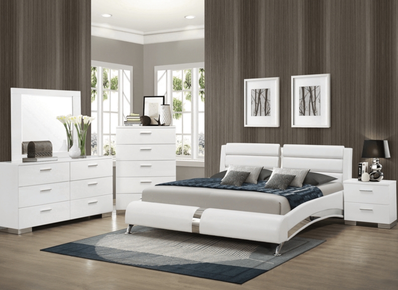 Bedroom Set Modern Glossy White Finish with Channel Tufted Headboard