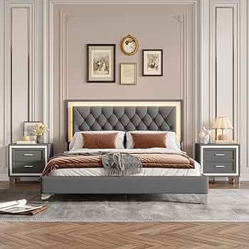 Bedroom Set Modern Gray Upholstered LED Lighting Vertical Tufted