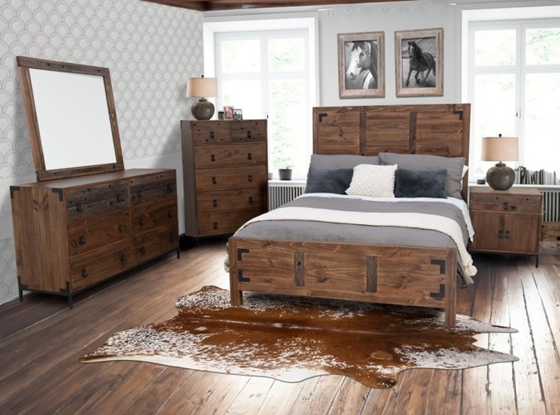 Bedroom Set Modern Rustic Dark Walnut Plank Design Block Legs