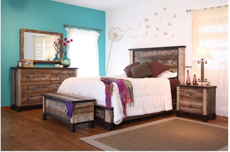Bedroom Set Multicolored Wood Planks Heavy Distressed Finish Rustic