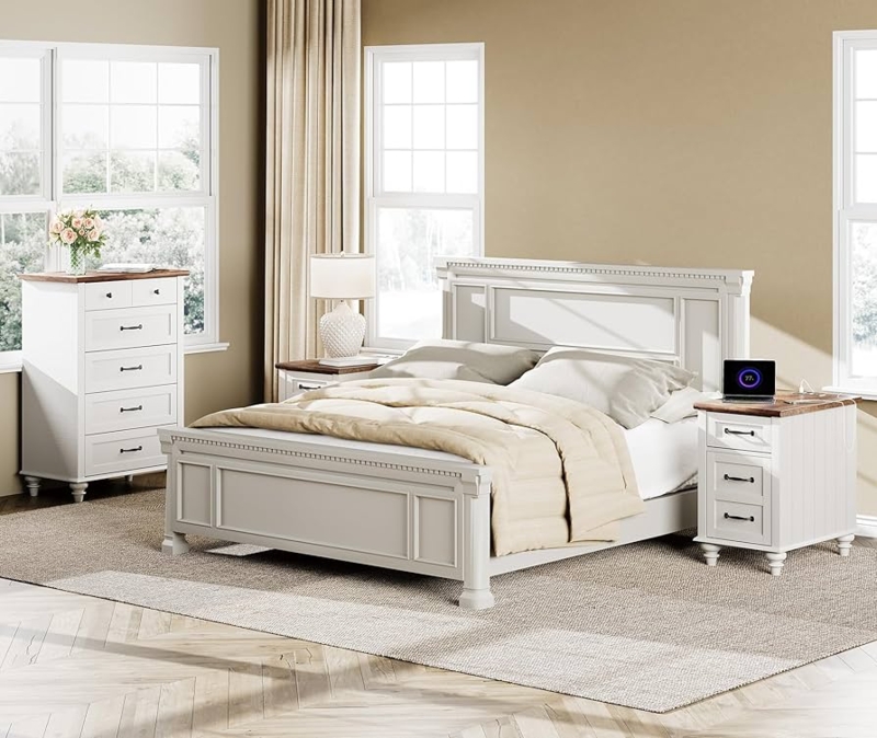Bedroom Set Off-White Finish X-Brace Detailing Cup Handles Farmhouse