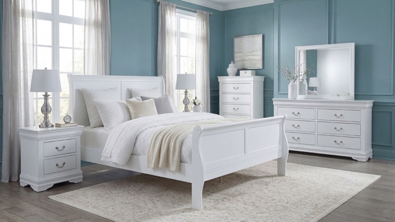 Bedroom Set Painted White Sleigh Headboard Traditional Bracket Feet