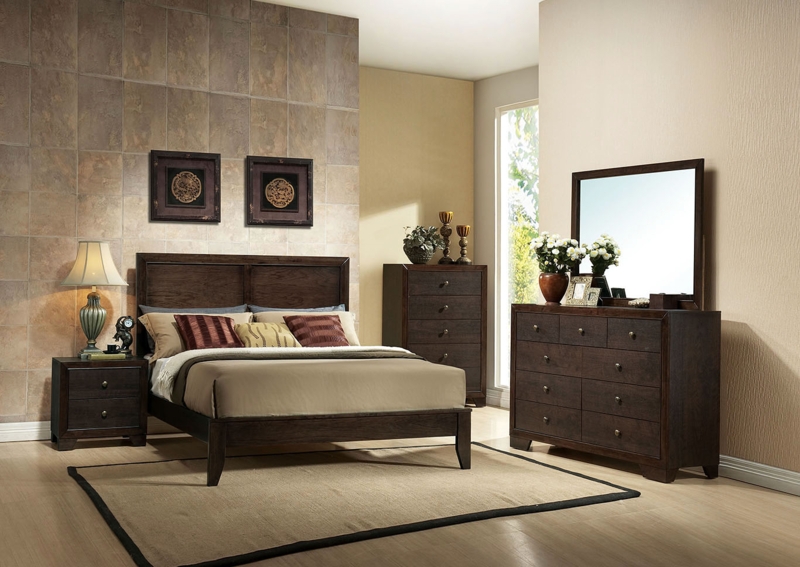 Bedroom Set Paneled Headboard Platform Bed Dresser Mirror Polished Finish