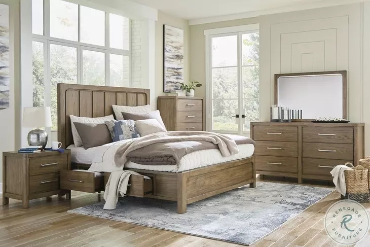 Bedroom Set Plank Headboard Light Brown Storage Footboard Farmhouse