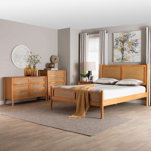 Bedroom Set Rattan Cane Woven Panels Golden Brown Mid-Century Modern