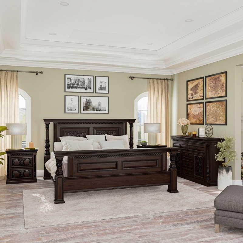 Bedroom Set Rich Mahogany Finish High Headboard Traditional Stately Style
