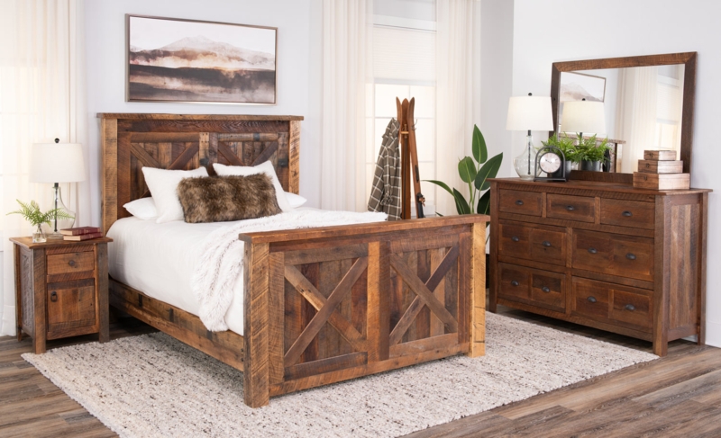 Bedroom Set Rustic Barn Door Motif Weathered Wood Finish Farmhouse