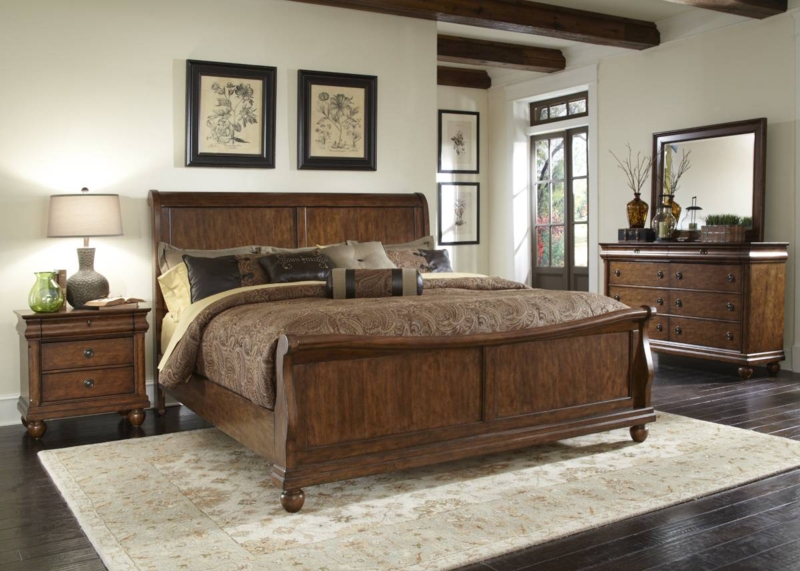 Bedroom Set Rustic Cherry Finish Slatted Headboard Design Traditional