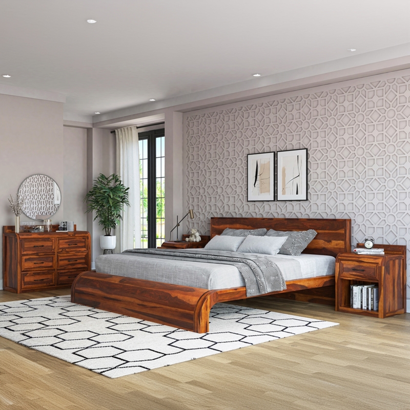 Bedroom Set Rustic Natural Wood Platform Base Slatted Headboard