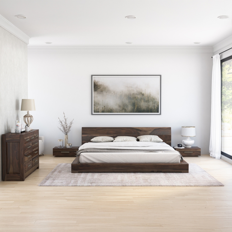Bedroom Set Rustic Solid Wood Low Profile Slat Headboard