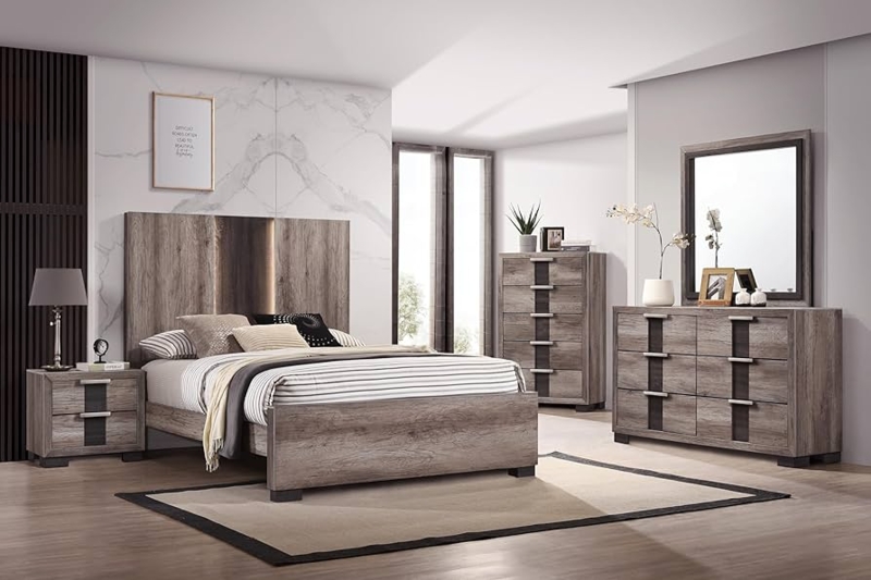 Bedroom Set: Rustic Two-Tone Wood Grain Finish with LED Paneled Headboard