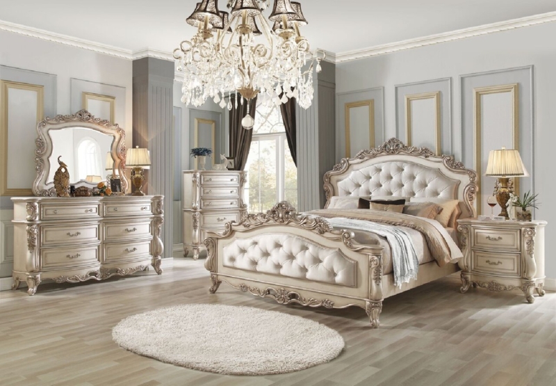 Bedroom Set Scroll Carving Antique White Rococo Traditional Style