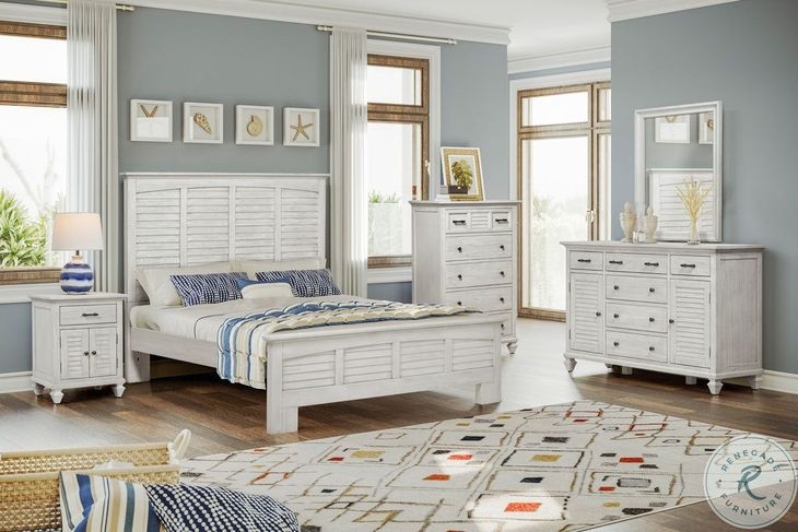 Bedroom Set Shutter Style Slats Distressed White Coastal Cottage