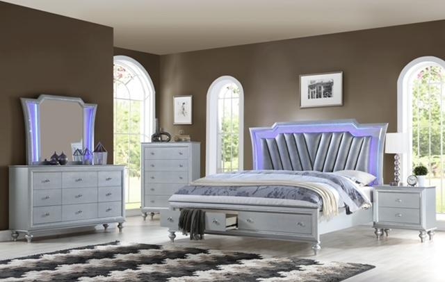 Bedroom Set Silver Metallic LED Backlit Headboard Mirrored Glam