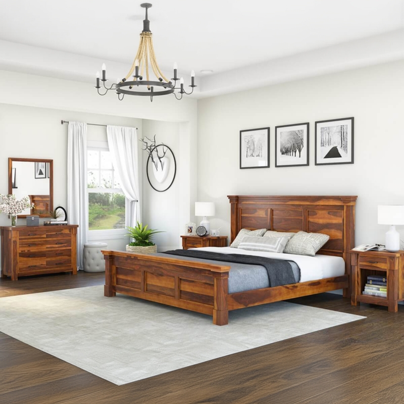 Bedroom Set Solid Wood Construction, Honey Finish Farmhouse Furniture