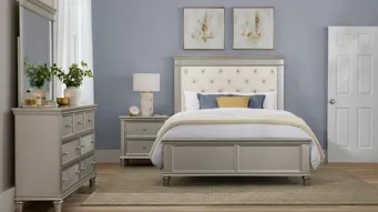 Bedroom Set: Transitional Grey Upholstered Bed with Dark Wood Nightstands