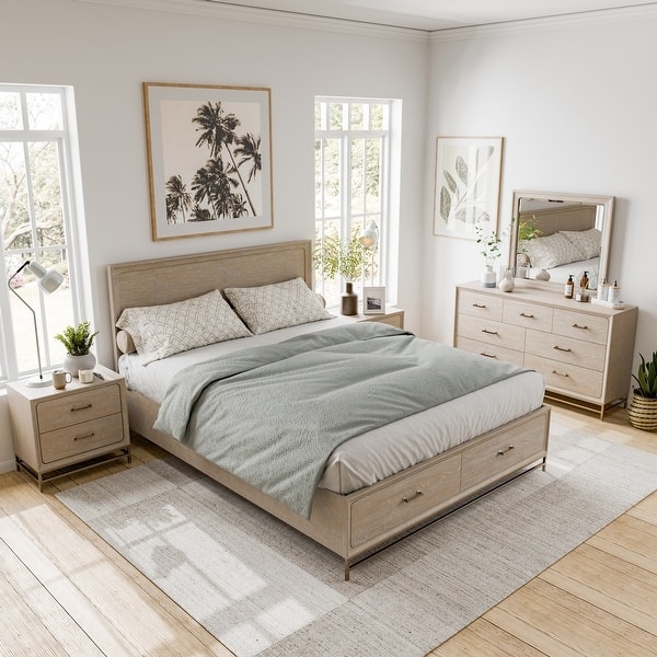 Bedroom Set Transitional Warm Oak Finish Architectural Molding