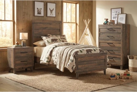 Bedroom Set: Twin Espresso Wood Frame with Blue Upholstered Headboard
