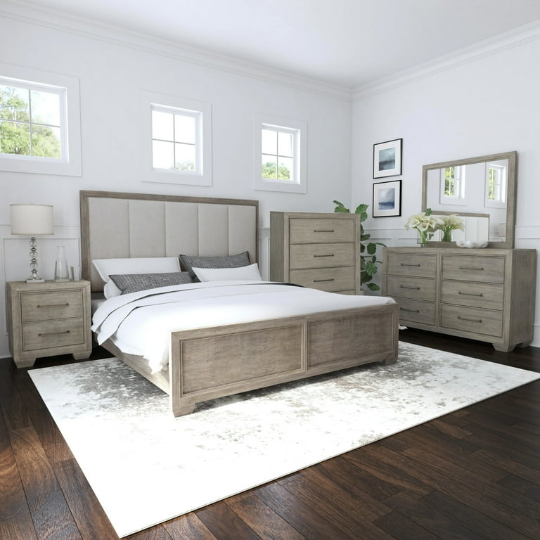 Bedroom Set Upholstered Panel Wood Finish Transitional Style Storage