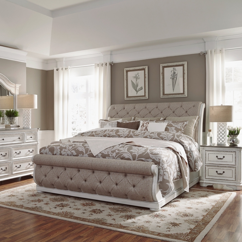 Bedroom Set Upholstered Sleigh Bed Beige Button Tufted Modern Farmhouse