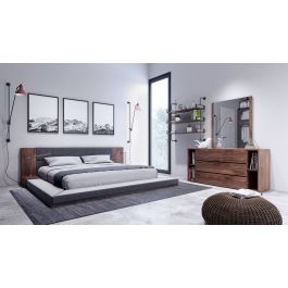 Bedroom Set Walnut Accents Dark Grey Upholstery Mid-Century Style