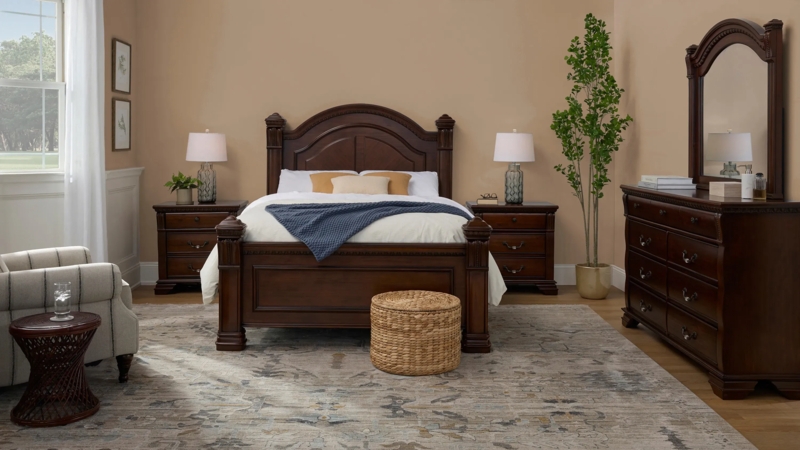 Bedroom Set Warm Brown Wood Toned Finish with Fabric Inlay Headboard