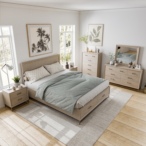 Bedroom Set Warm Oak Finish Arched Slatted Headboard Transitional