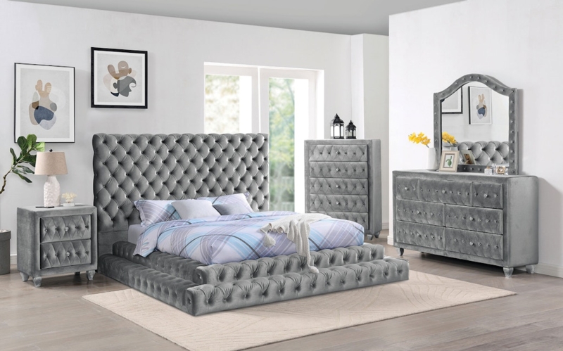 Bedroom Set Weathered Gray Diamond Tufted Upholstered Headboard