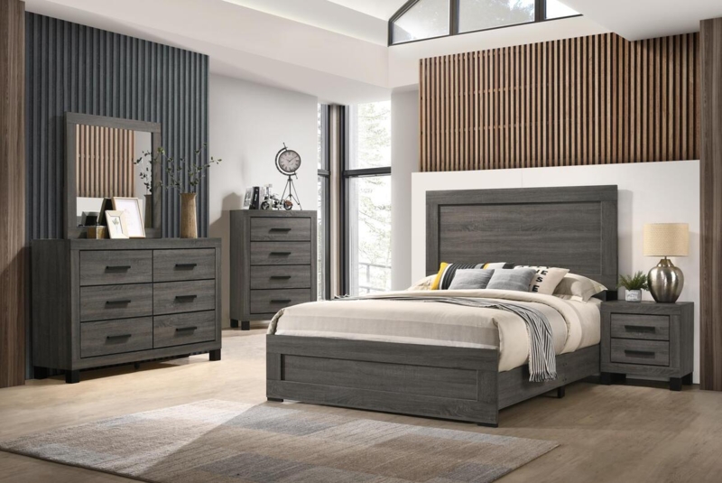 Bedroom Set Weathered Gray Wood Plank Headboard Rustic Style